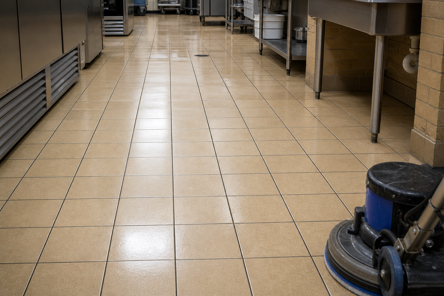 Clean commercial tile and grout floor with floor cleaning equipment